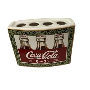 Coca Cola Ceramic 4 Brush Toothbrush Holder with Embossed Sides Collectible
